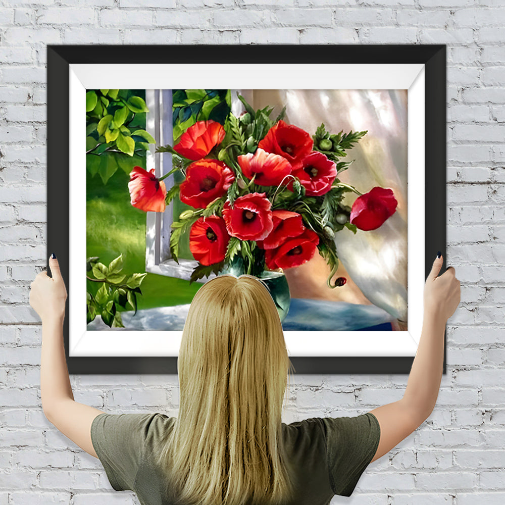 Mohnblumen in Glasvase am Fenster Diamond Painting