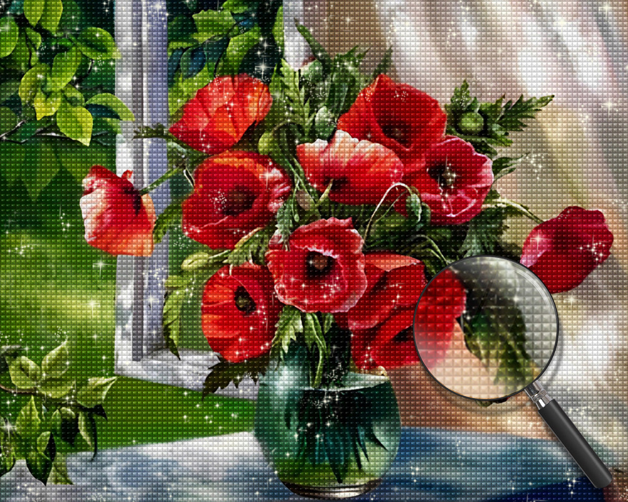 Mohnblumen in Glasvase am Fenster Diamond Painting