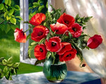 Mohnblumen in Glasvase am Fenster Diamond Painting