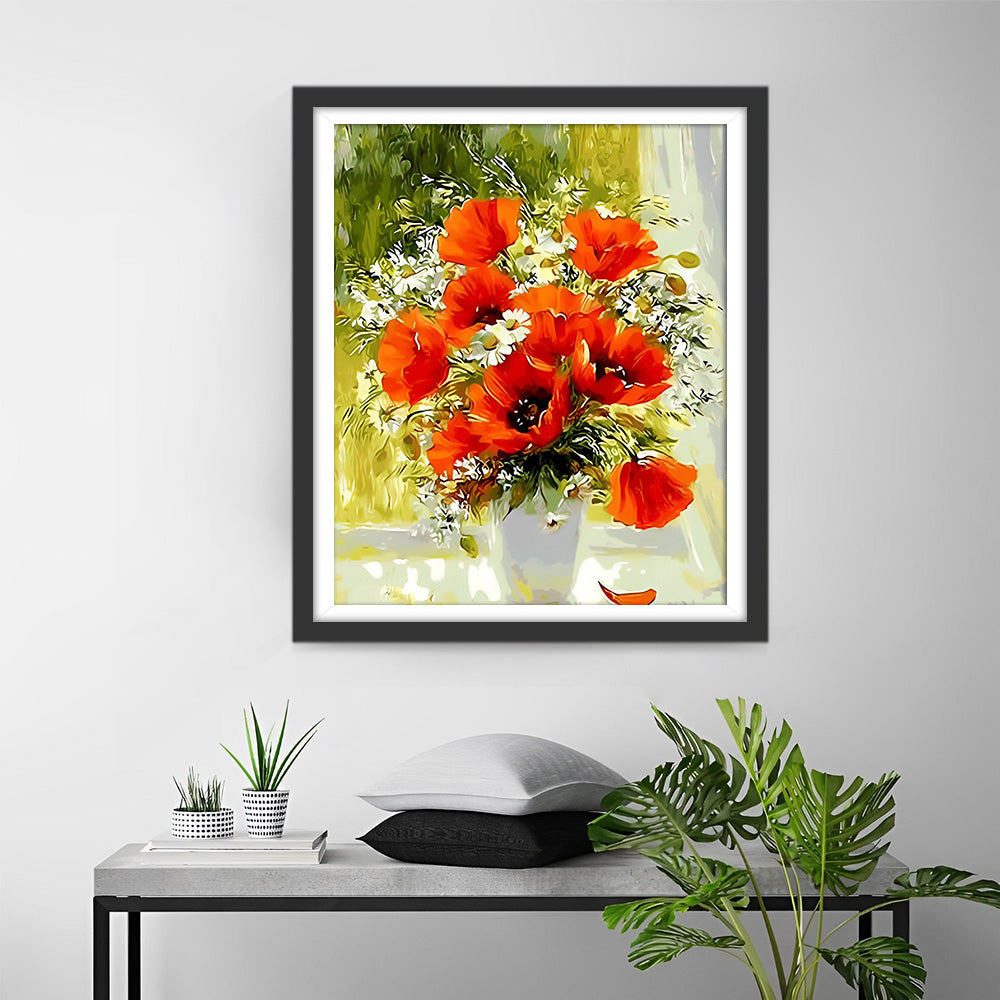 Mohnblumen und Gänseblümchen auf der Fensterbank Diamond Painting