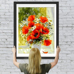 Mohnblumen und Gänseblümchen auf der Fensterbank Diamond Painting