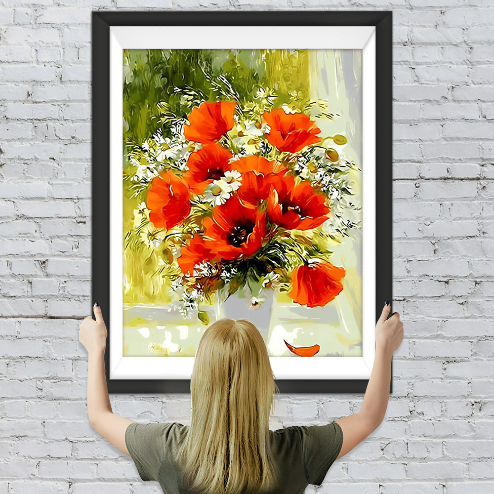 Mohnblumen und Gänseblümchen auf der Fensterbank Diamond Painting