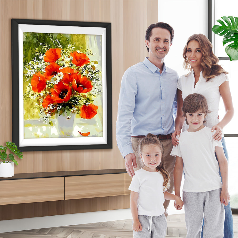 Mohnblumen und Gänseblümchen auf der Fensterbank Diamond Painting