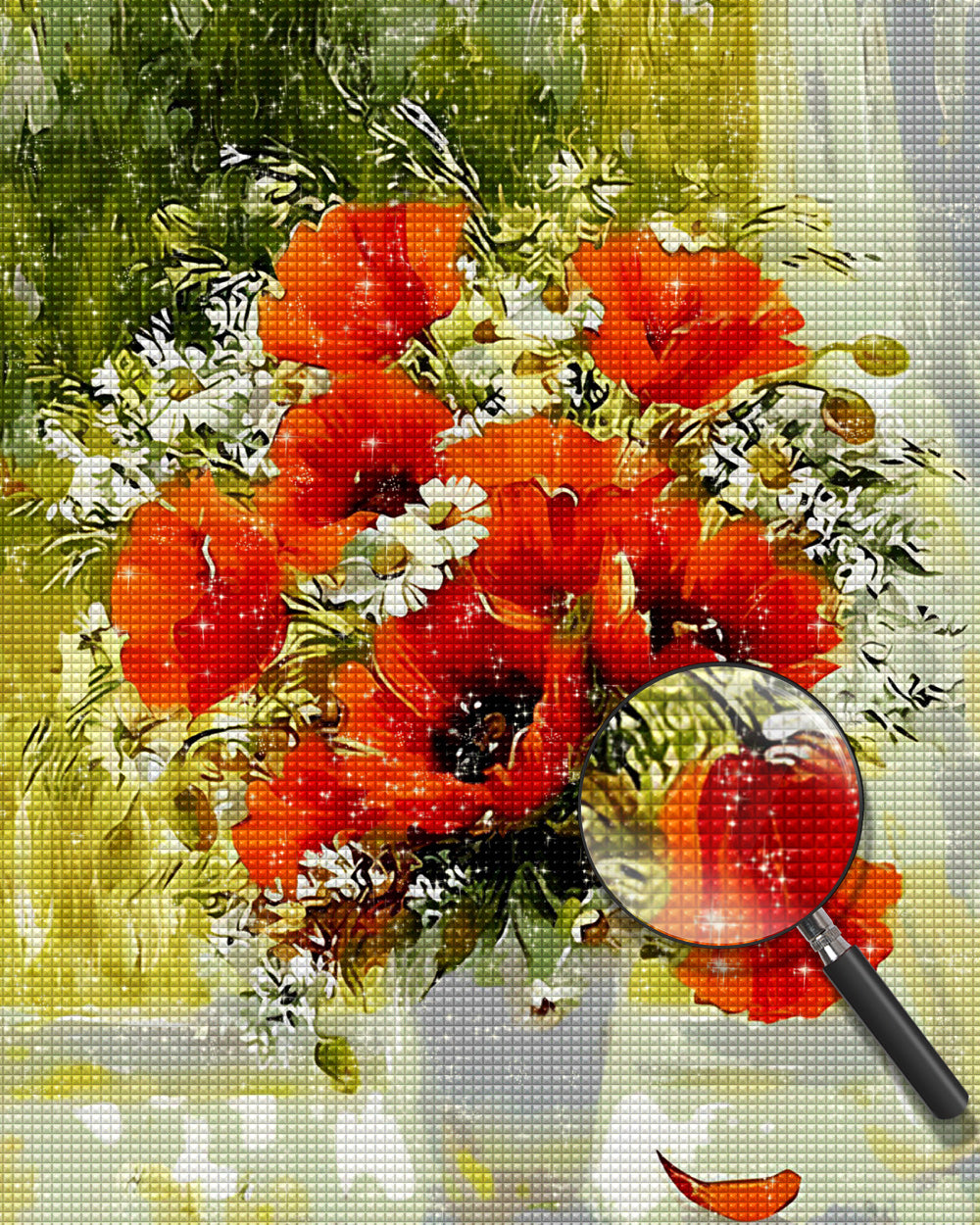 Mohnblumen und Gänseblümchen auf der Fensterbank Diamond Painting