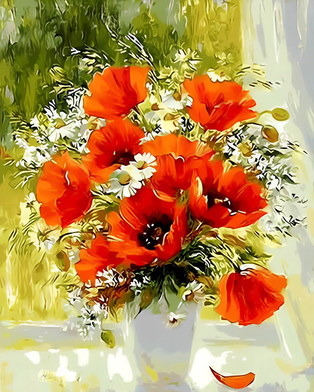 Mohnblumen und Gänseblümchen auf der Fensterbank Diamond Painting