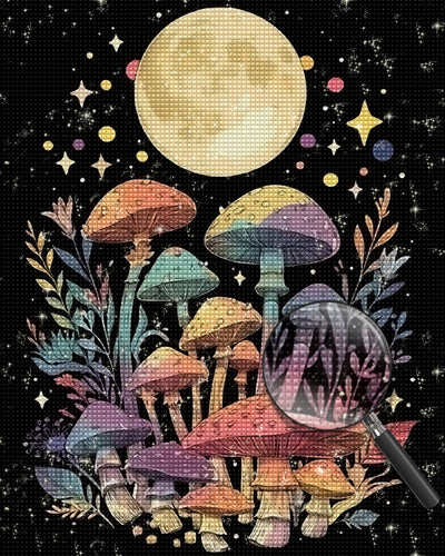 Mond und bunte Pilze Diamond Painting