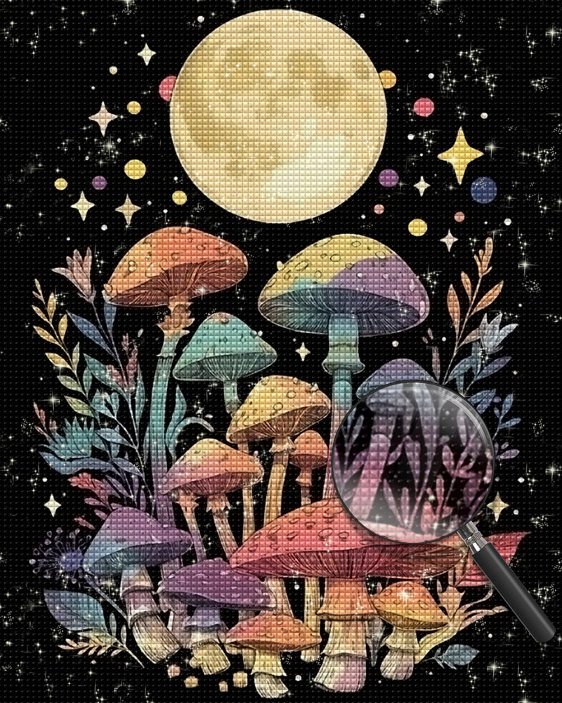 Mond und bunte Pilze Diamond Painting