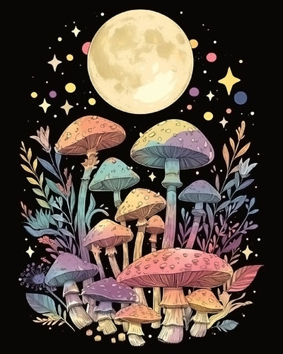 Mond und bunte Pilze Diamond Painting