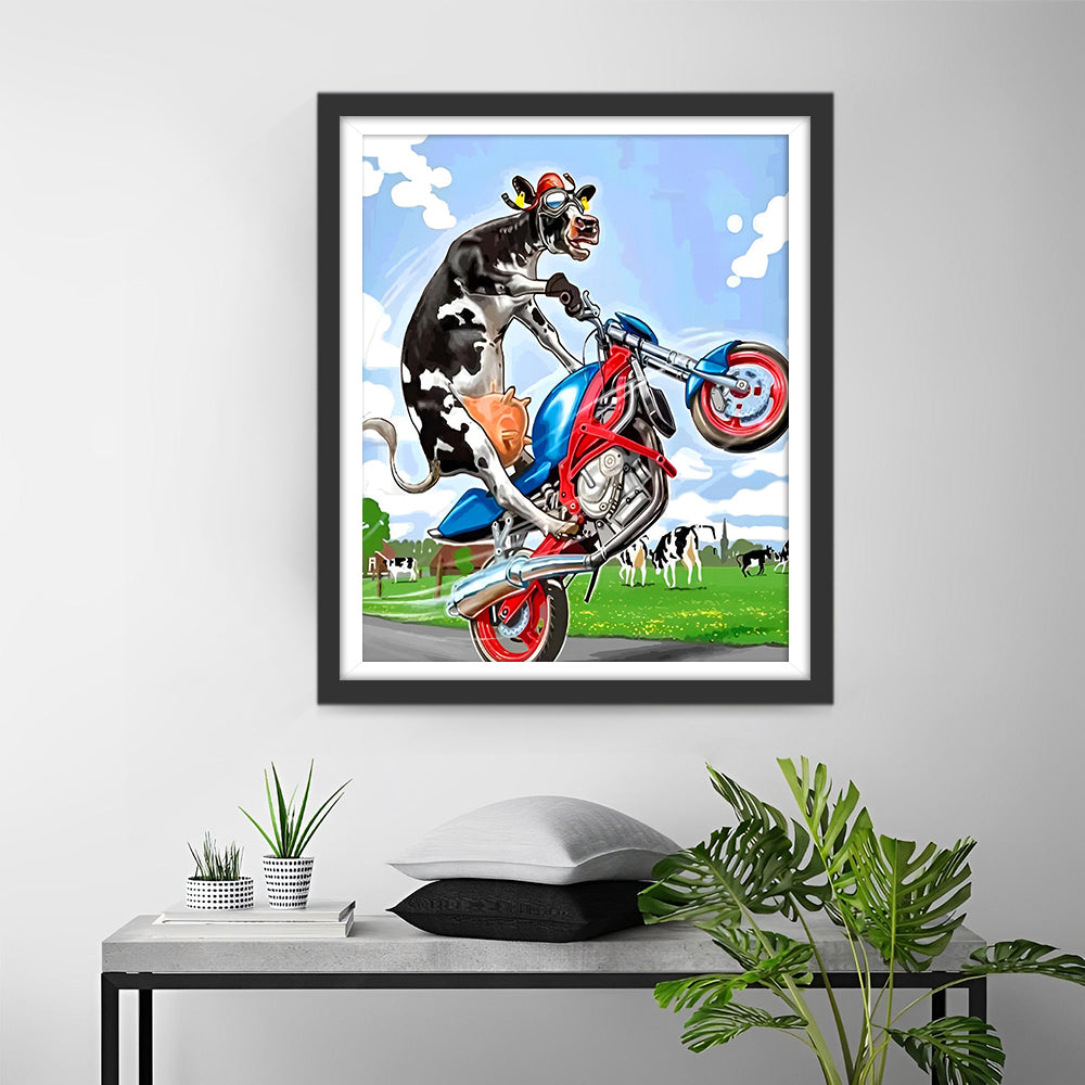 Motorrad fahrende Kuh Diamond Painting