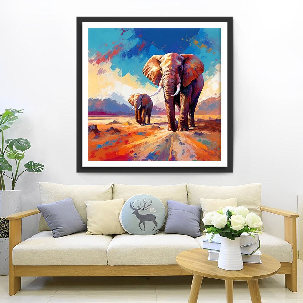 Mutter und Baby-Elefant auf der Bergstraße Diamond Painting