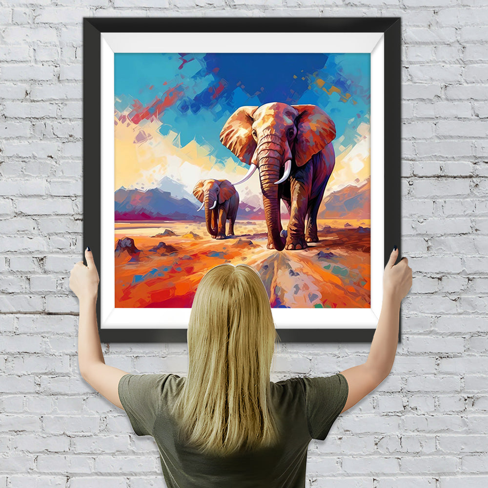 Mutter und Baby-Elefant auf der Bergstraße Diamond Painting