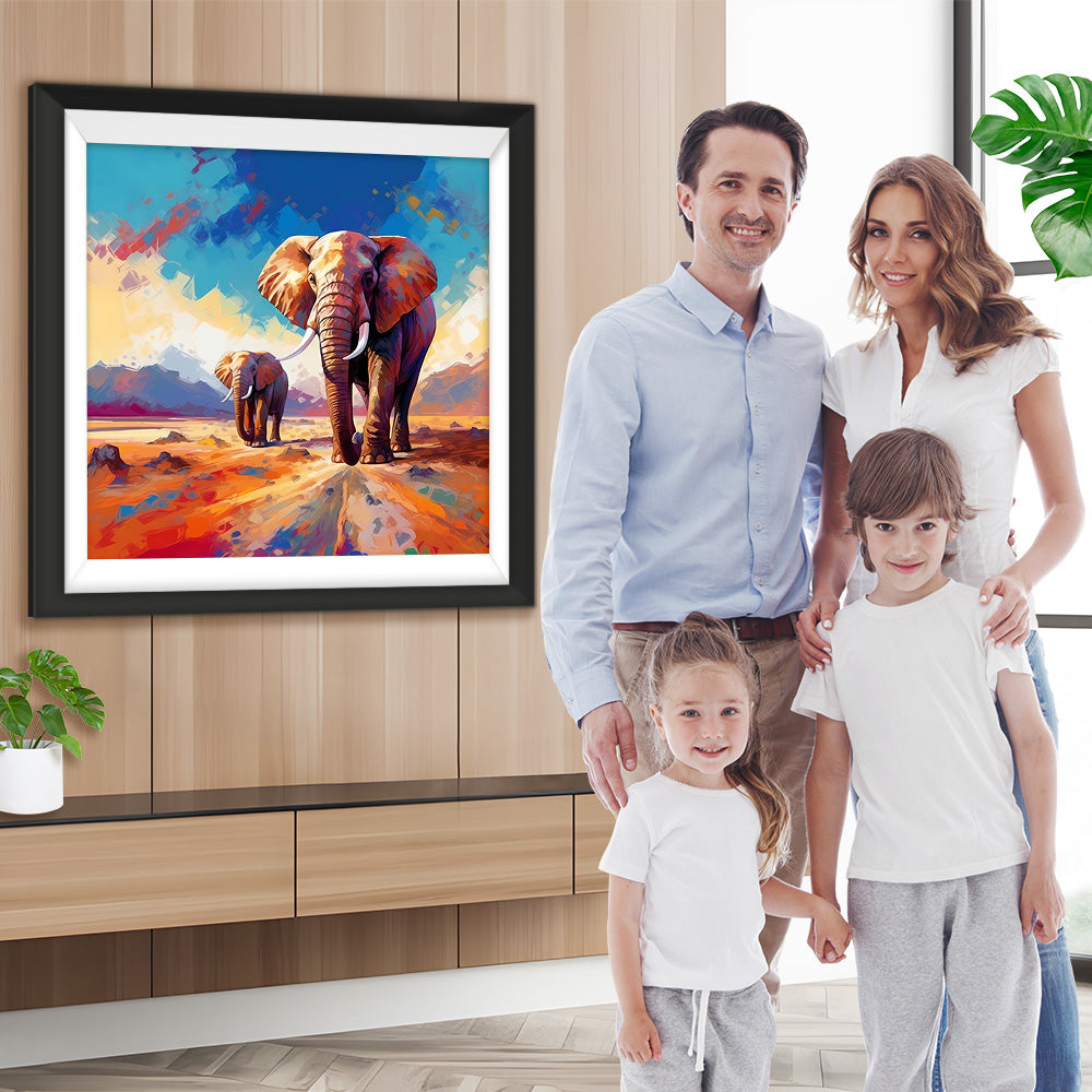 Mutter und Baby-Elefant auf der Bergstraße Diamond Painting