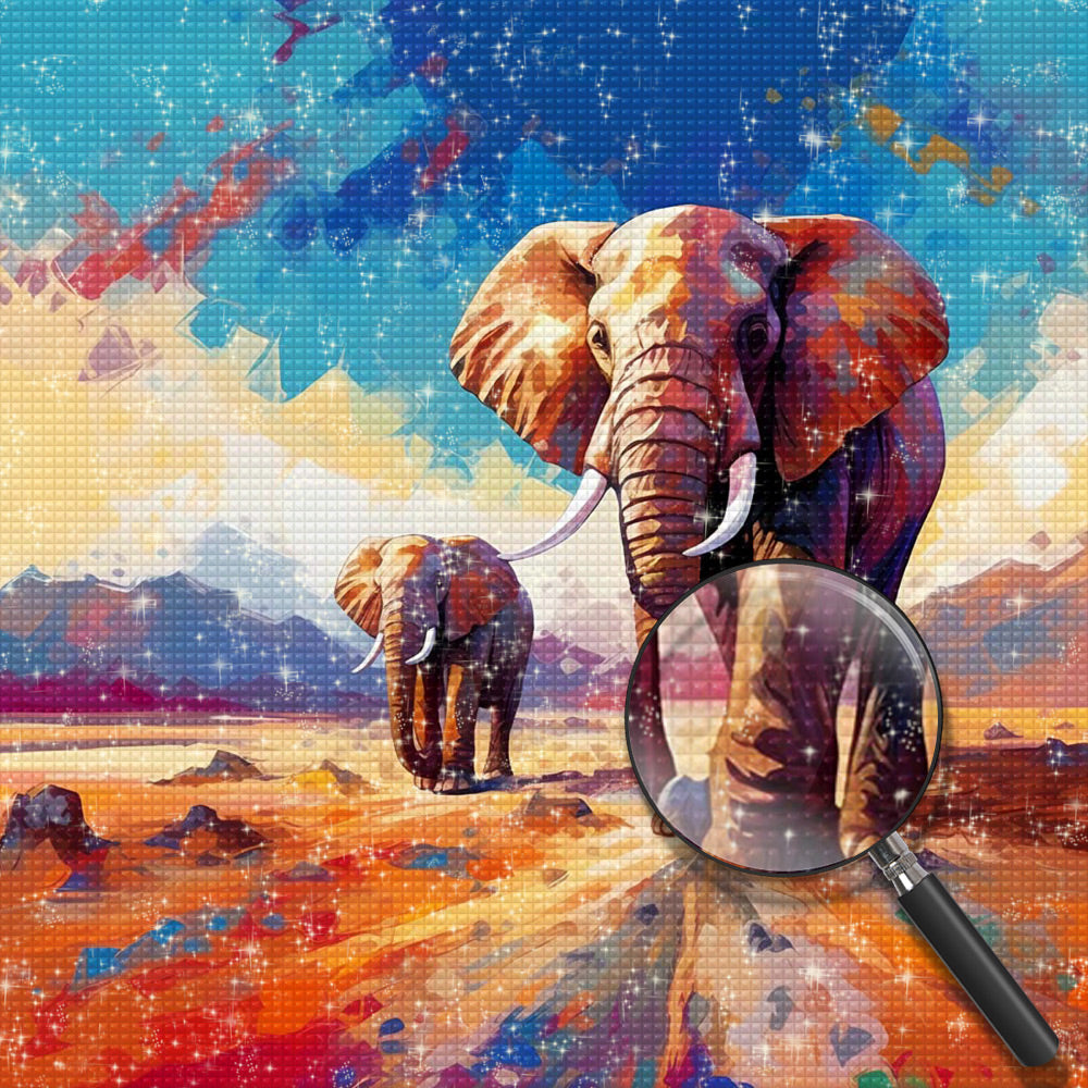 Mutter und Baby-Elefant auf der Bergstraße Diamond Painting