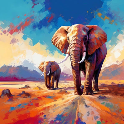 Mutter und Baby-Elefant auf der Bergstraße Diamond Painting
