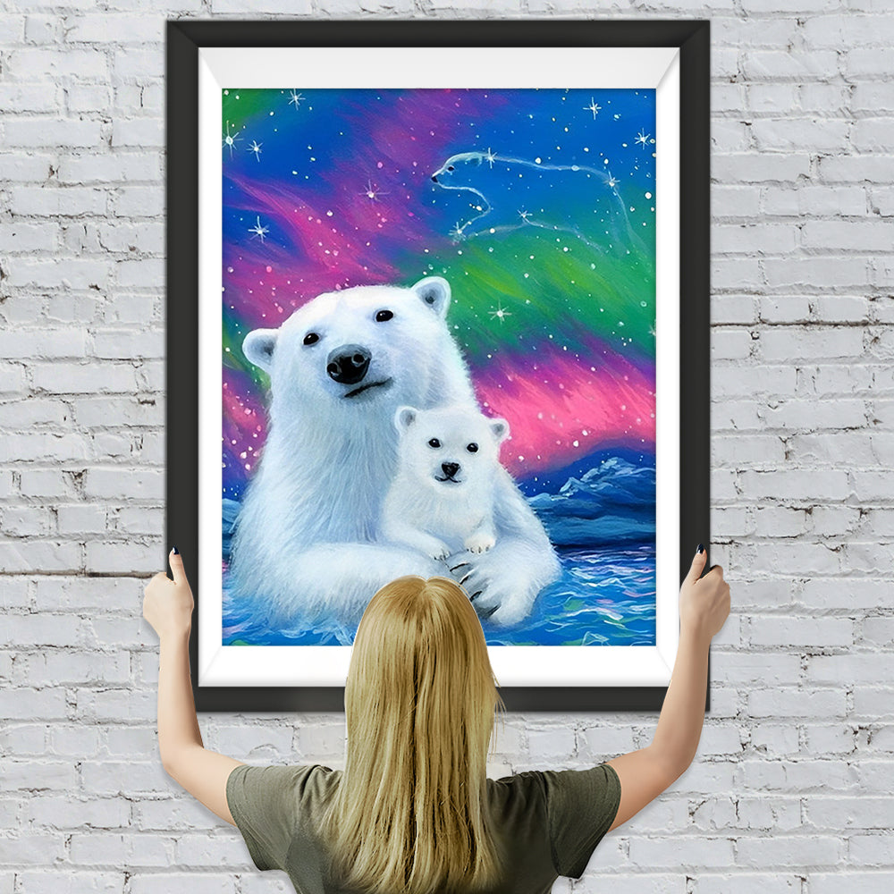 Mutter Weißer Bär und Bärchen im Polarlicht Diamond Painting