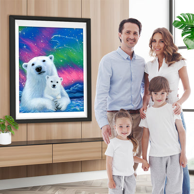 Mutter Weißer Bär und Bärchen im Polarlicht Diamond Painting