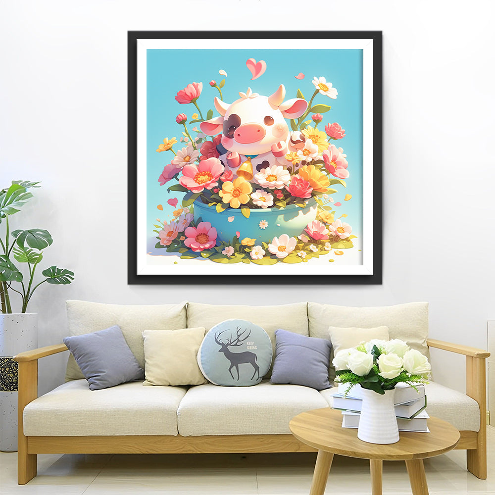 Niedliche Kleine Kuh und Blumen Diamond Painting