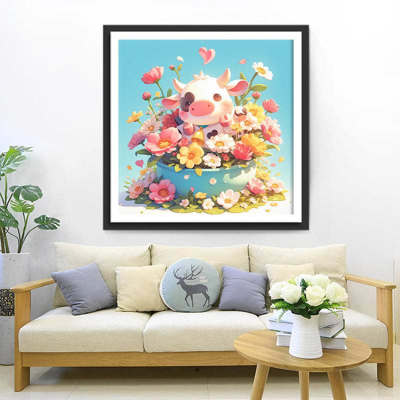 Niedliche Kleine Kuh und Blumen Diamond Painting