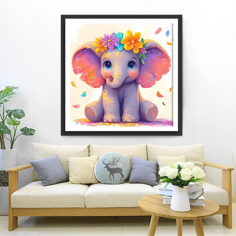Niedlicher Cartoon Elefant mit Blumen Diamond Painting