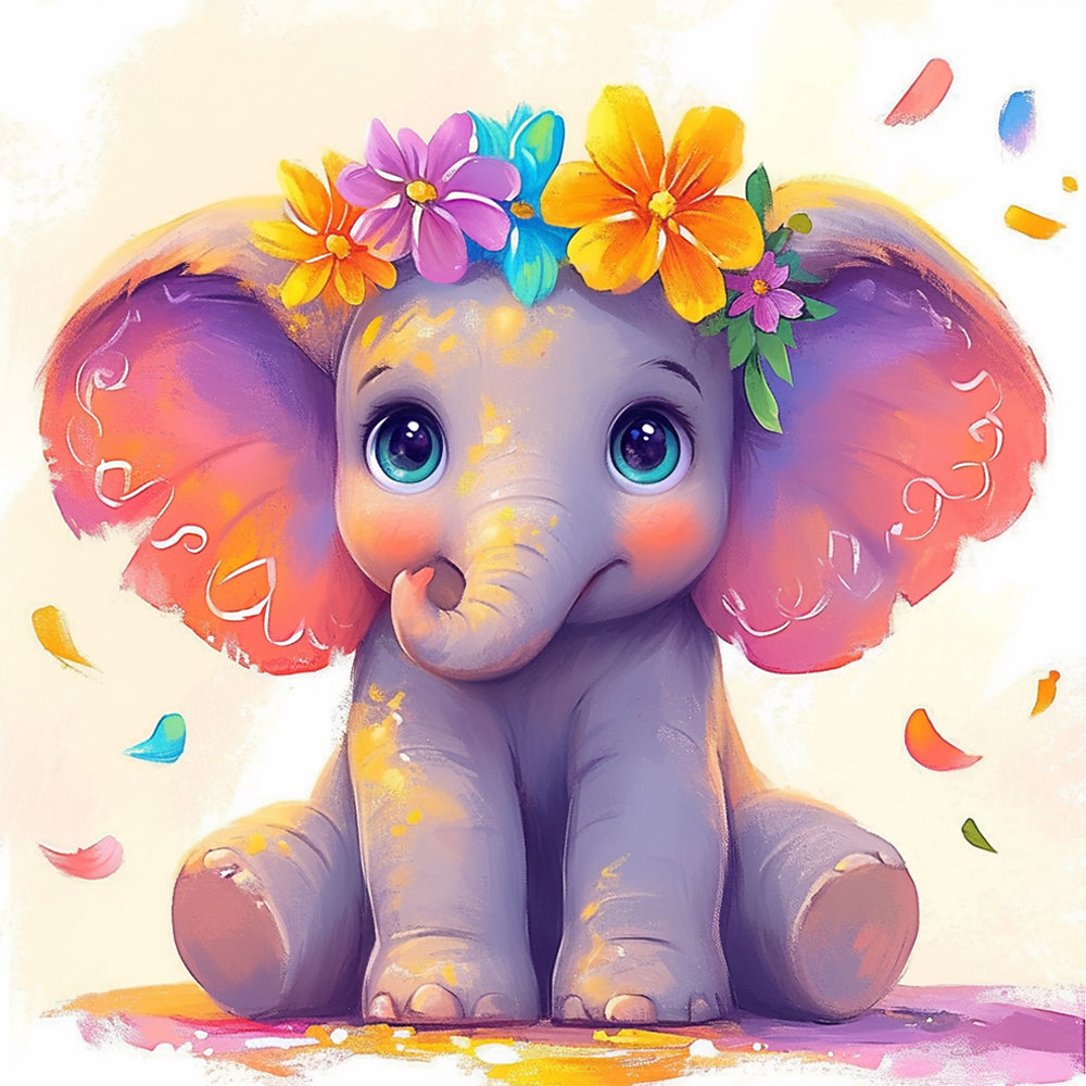 Niedlicher Cartoon Elefant mit Blumen Diamond Painting