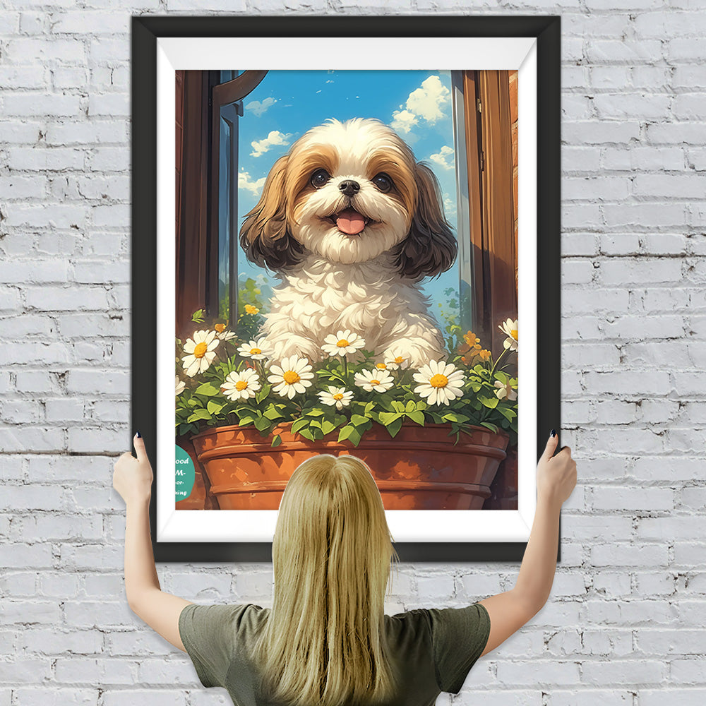 Niedlicher Shih Tzu und Blumen Diamond Painting
