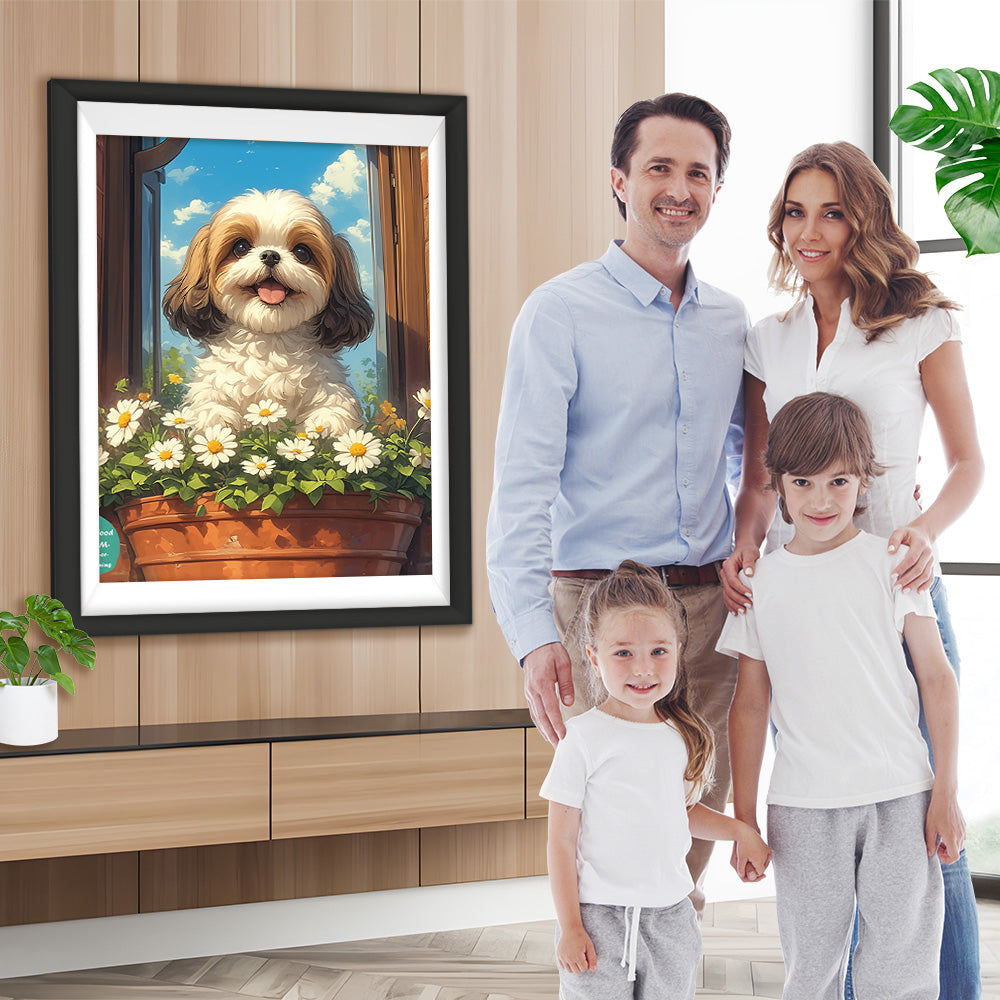 Niedlicher Shih Tzu und Blumen Diamond Painting