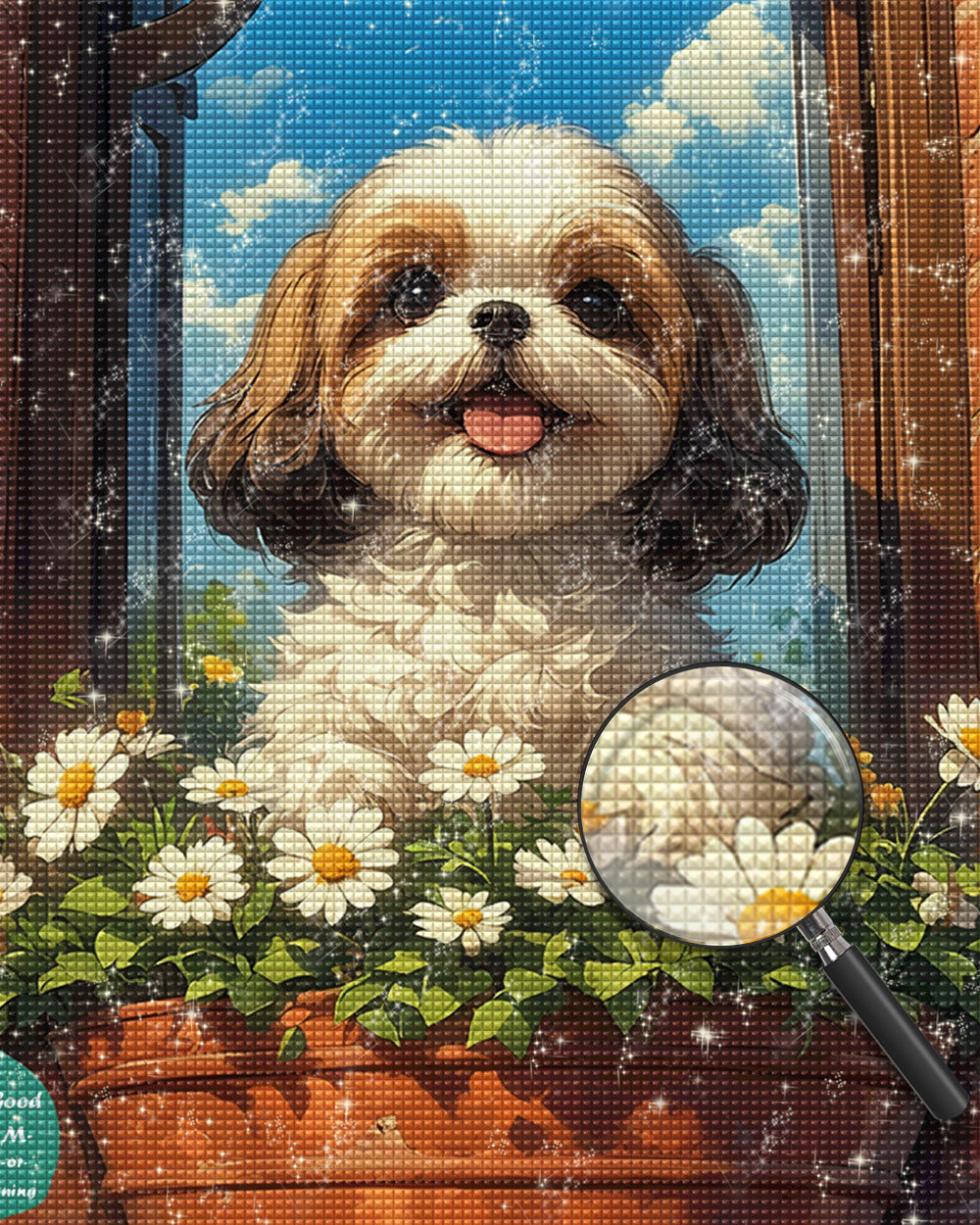 Niedlicher Shih Tzu und Blumen Diamond Painting