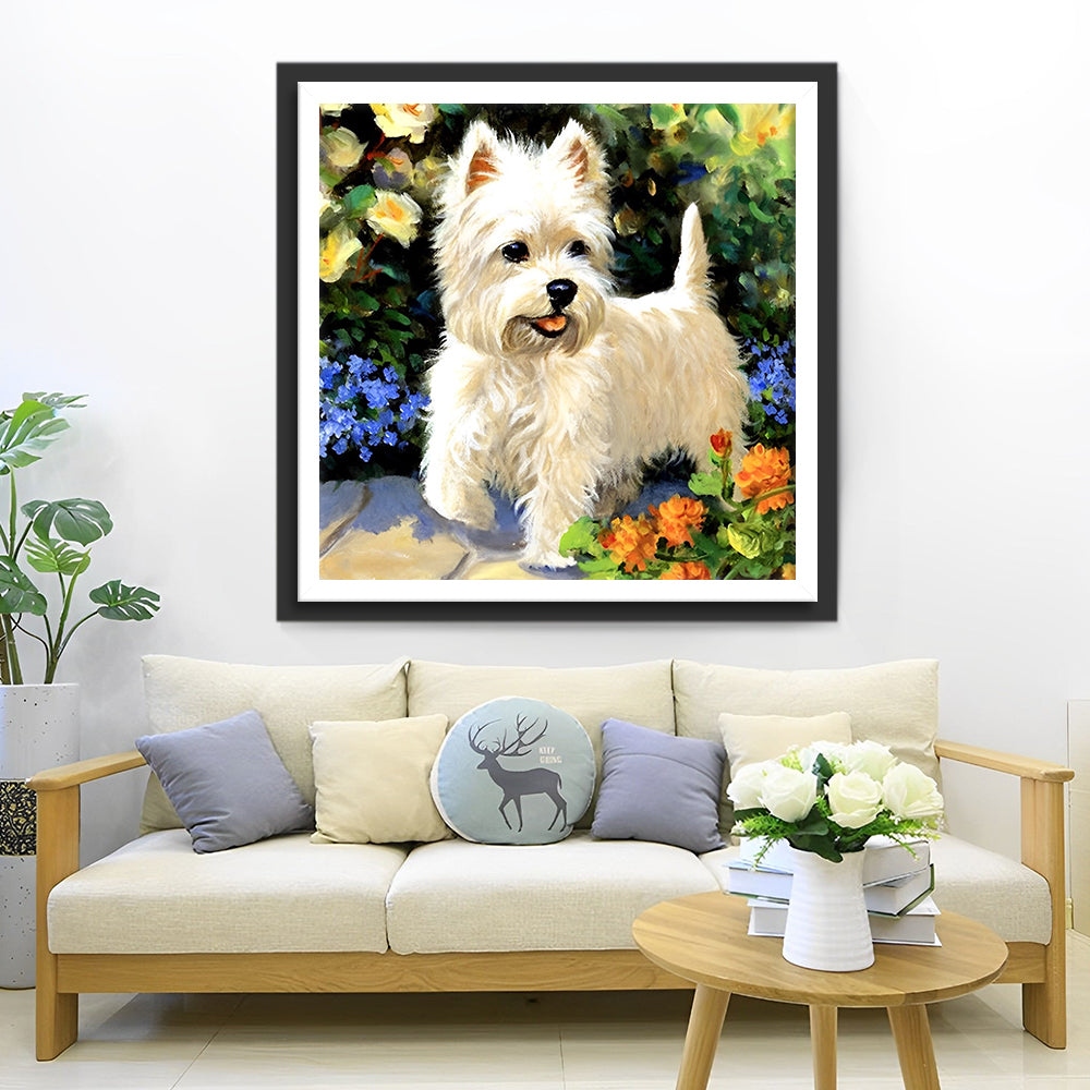Niedlicher weißer Hund und Blumen Diamond Painting