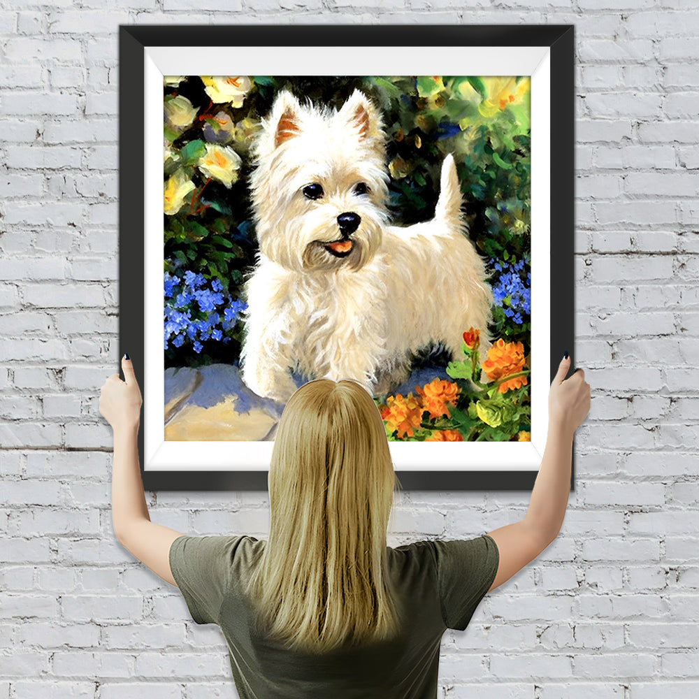 Niedlicher weißer Hund und Blumen Diamond Painting