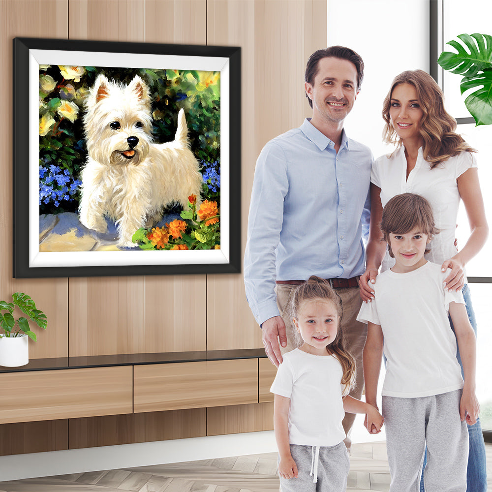 Niedlicher weißer Hund und Blumen Diamond Painting