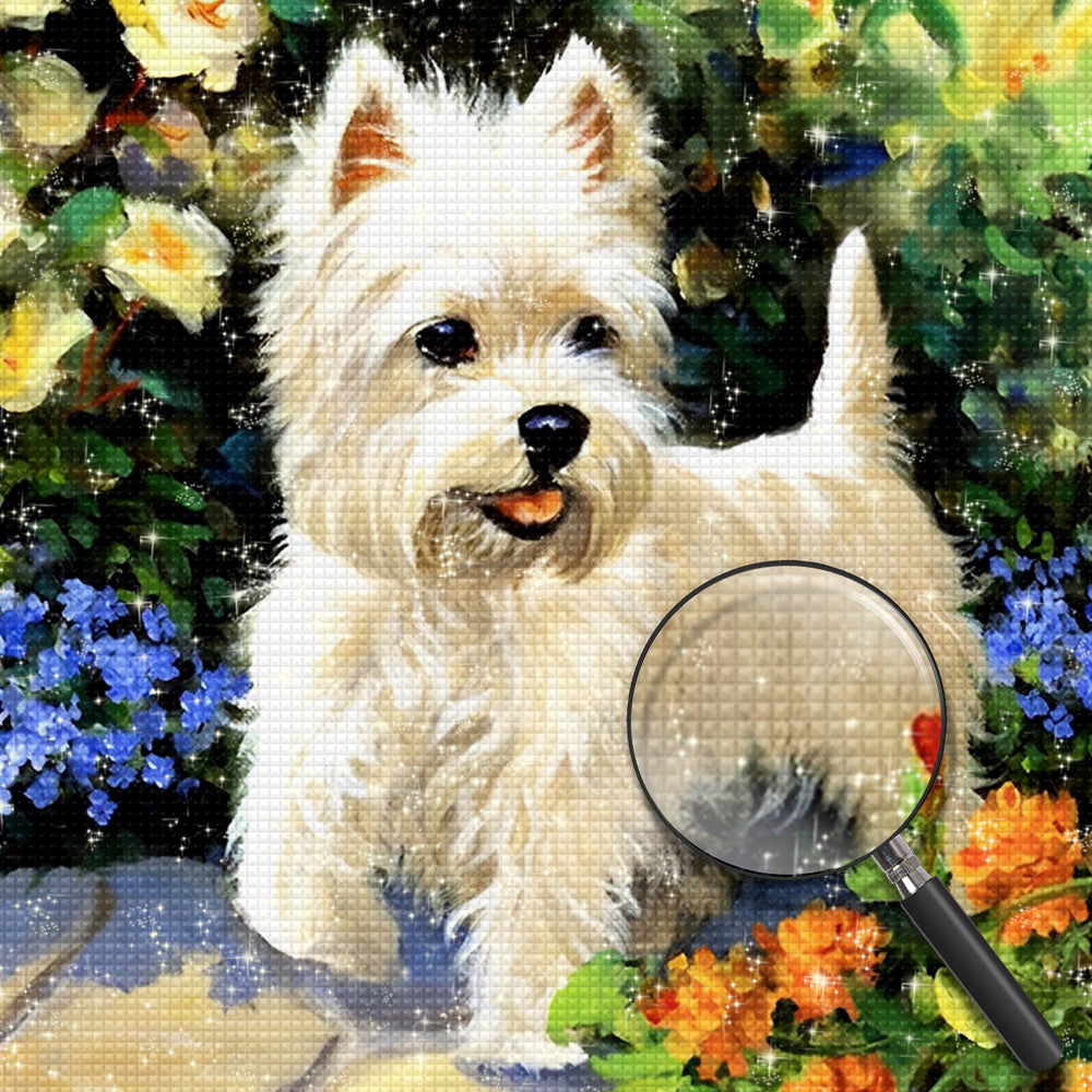 Niedlicher weißer Hund und Blumen Diamond Painting