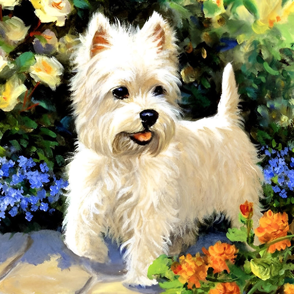 Niedlicher weißer Hund und Blumen Diamond Painting