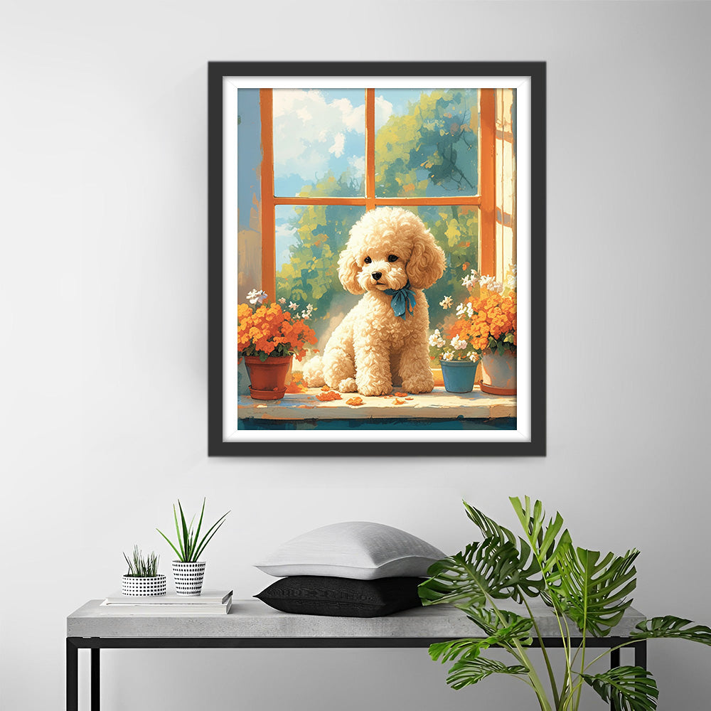 Niedliches Hündchen und Blumen auf der Fensterbank Diamond Painting