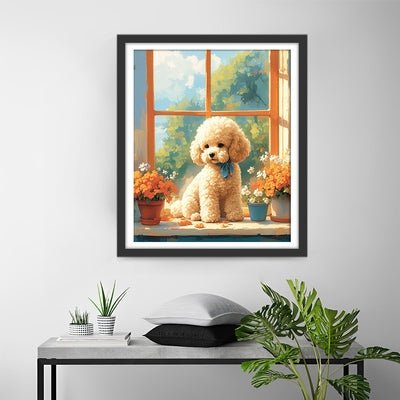 Niedliches Hündchen und Blumen auf der Fensterbank Diamond Painting