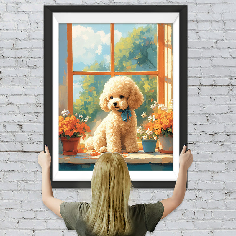 Niedliches Hündchen und Blumen auf der Fensterbank Diamond Painting