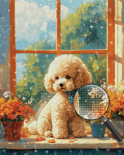 Niedliches Hündchen und Blumen auf der Fensterbank Diamond Painting