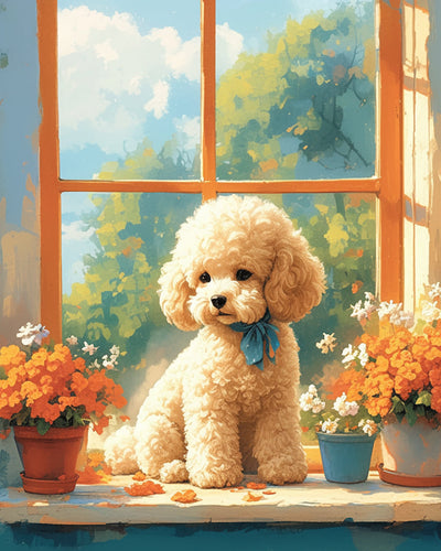Niedliches Hündchen und Blumen auf der Fensterbank Diamond Painting