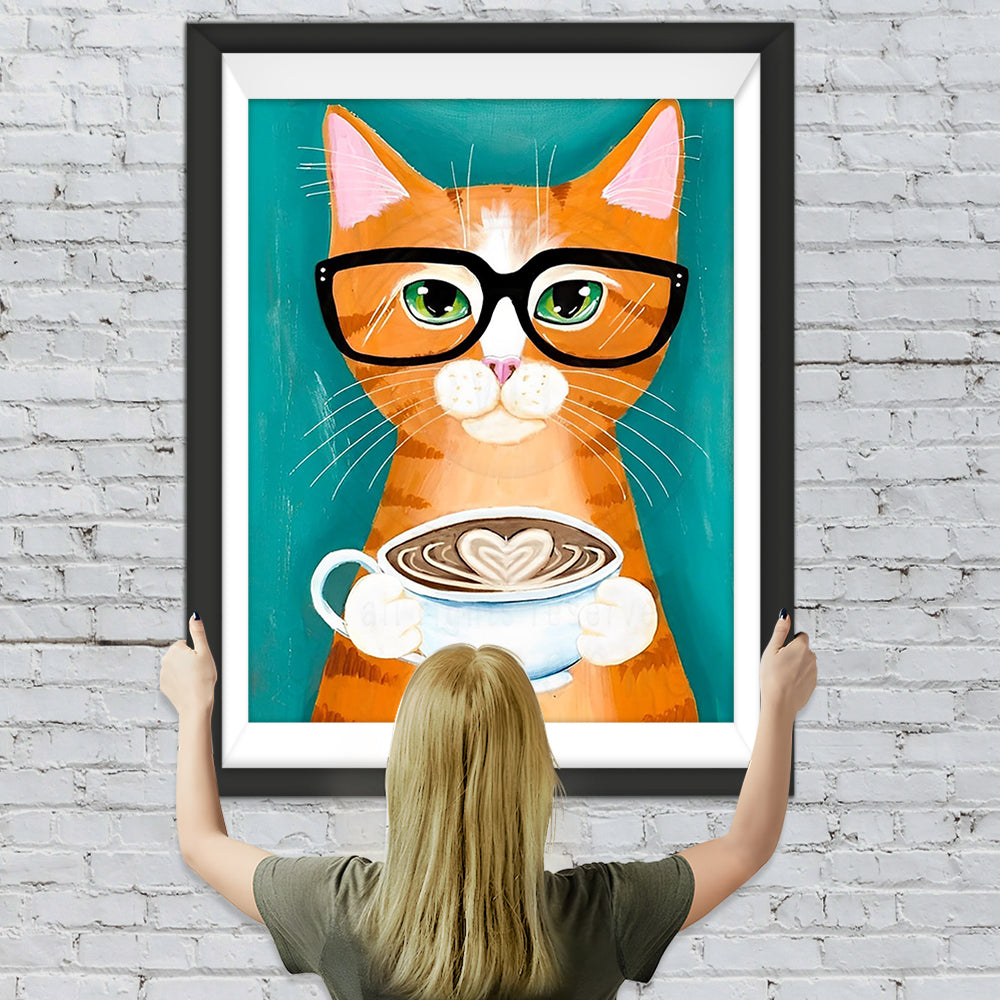 Orange Katze mit Kaffeetasse Diamond Painting