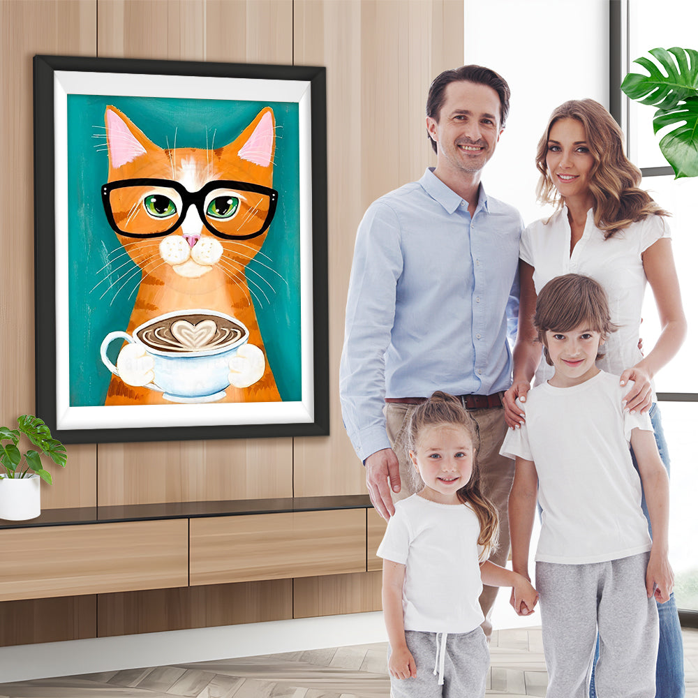 Orange Katze mit Kaffeetasse Diamond Painting