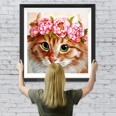 Orange Katze mit Pfingstrosen Diamond Painting