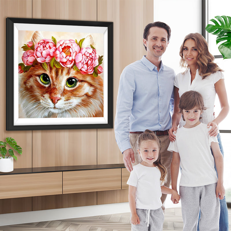 Orange Katze mit Pfingstrosen Diamond Painting