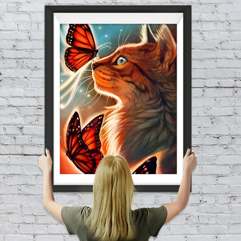 Orange Katze und Schmetterlinge Diamond Painting