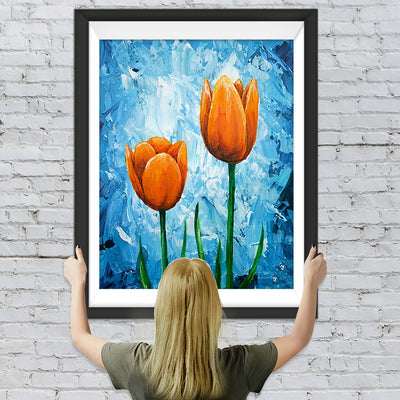 Orange Tulpen und blauer Hintergrund Diamond Painting