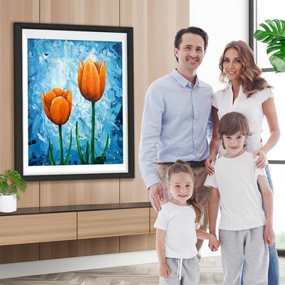 Orange Tulpen und blauer Hintergrund Diamond Painting