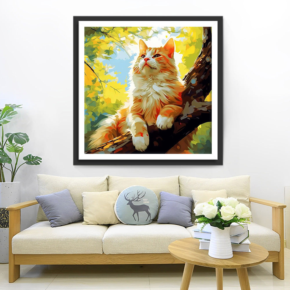 Orangefarbene Katze im Baum Diamond Painting
