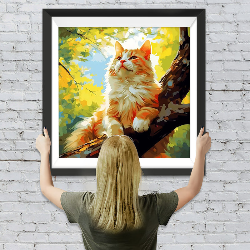 Orangefarbene Katze im Baum Diamond Painting