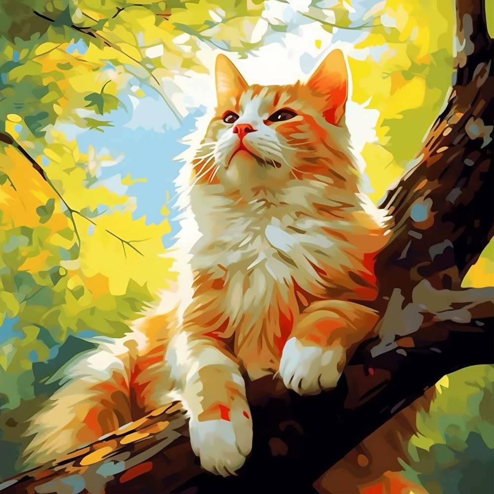 Orangefarbene Katze im Baum Diamond Painting