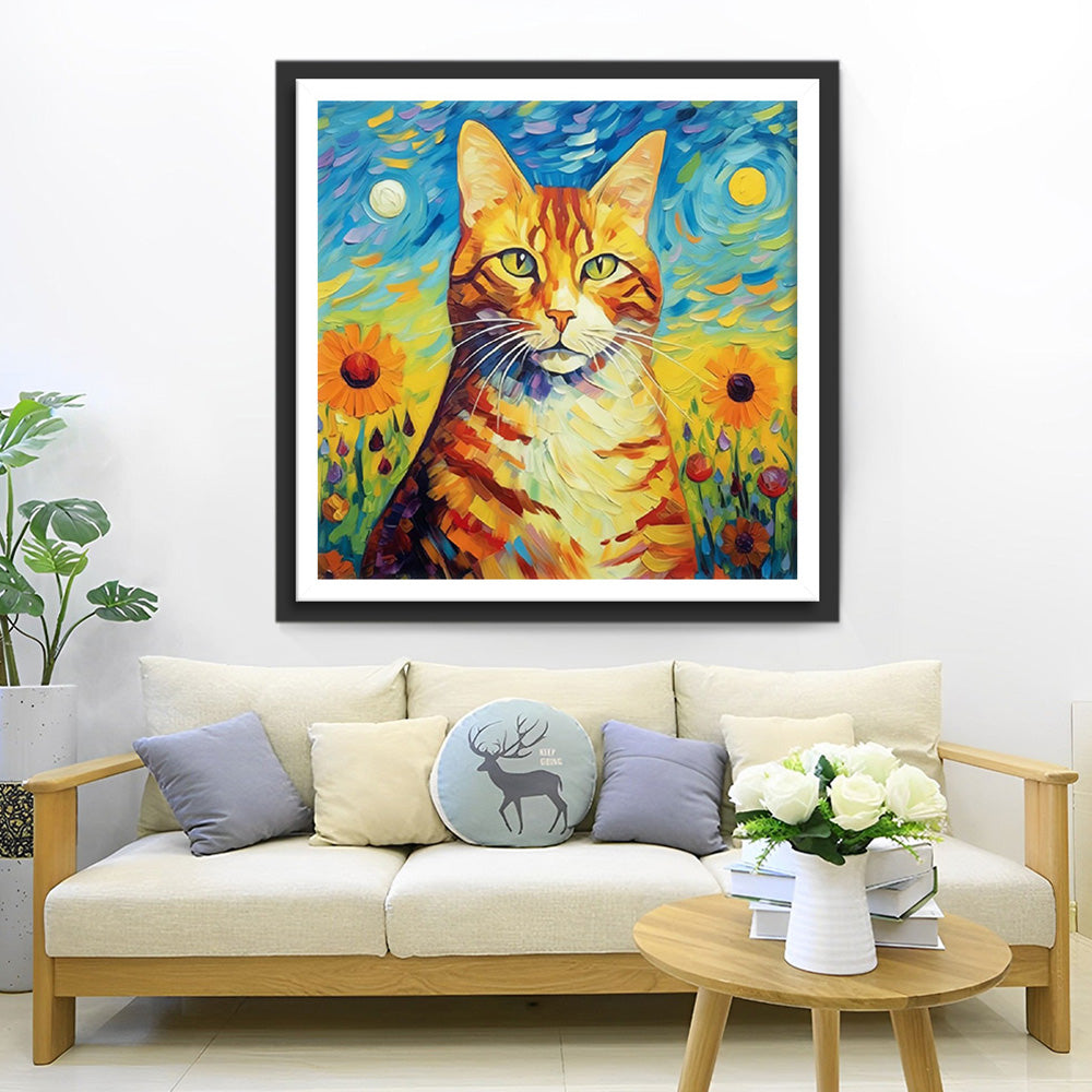 Orangefarbene Katze im Stil von Van Gogh Diamond Painting