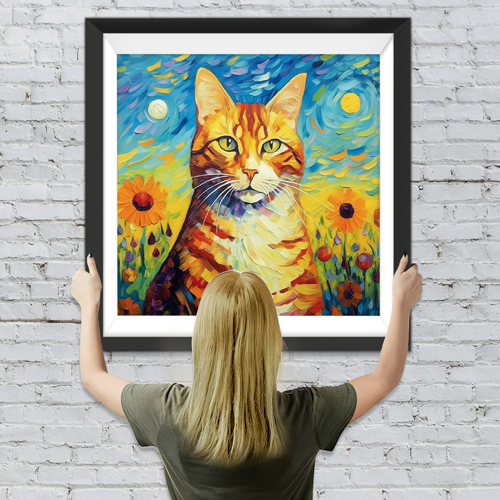 Orangefarbene Katze im Stil von Van Gogh Diamond Painting