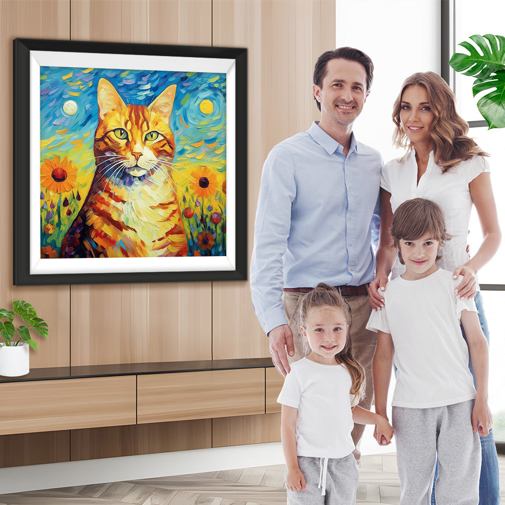Orangefarbene Katze im Stil von Van Gogh Diamond Painting